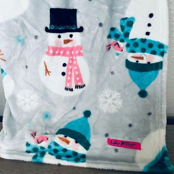 Betsey Johnson Plush Snowman Pink Gray Christmas Holiday Throw Blanket - Picture 2 of 4